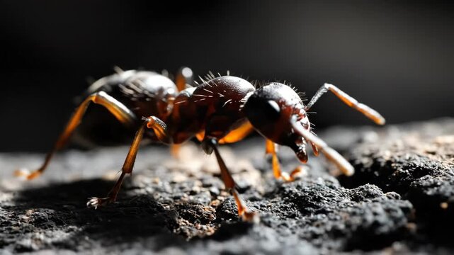 Macro Shot of a Black Ant - This dramatic macro shot showcases a black ant with distinct orange legs against a dark background.