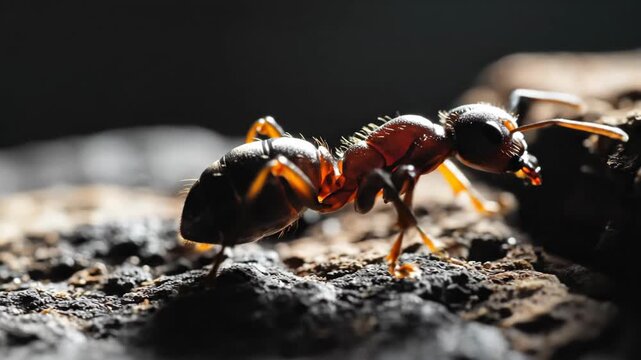 Detailed Macro Shot of a Black Ant - This dramatic macro shot showcases a black ant with orange legs against a dark background.