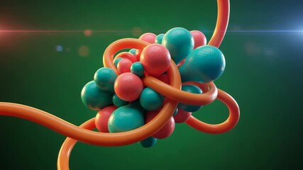 Abstract 3d render of intertwined orange tubes and blue and pink spheres against a green background - Powered by Adobe