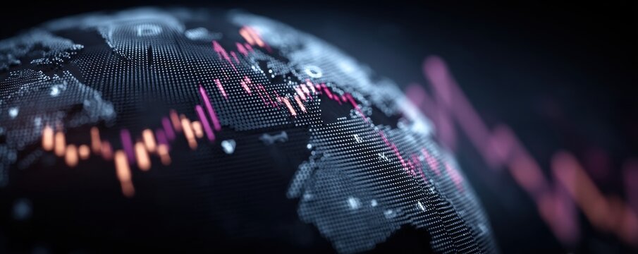 Global financial data visualization: digital globe with stock charts and market indicators