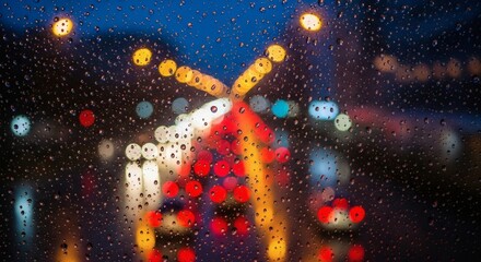 RainKissed City Bokeh lights dance on window in urban dreamscape.