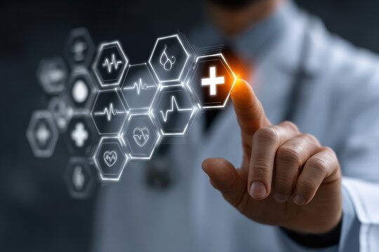 Medical professional uses a stethoscope as futuristic hexagonal icons glow with health care symbols
