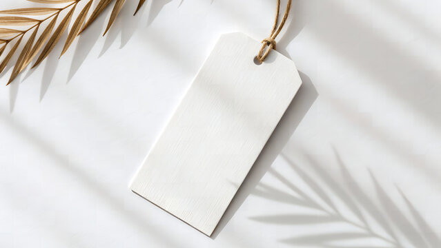 White Wooden Tag with Palm Leaf on White Surface for Mockup Presentation Minimal Style Blank Label Empty Template with Jute Rope Copy Space Marketing Concept Top View 200 Characters