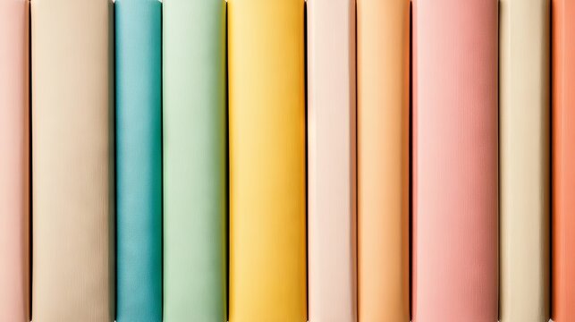 123.A stack of school books carefully arranged in a specific color order, starting with a beige book at the bottom, followed by a green book, then a brown one, a yellow one, and finally a red book on