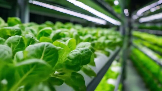 Lush green leafy lettuce in a hydroponic greenhouse, rows under bright linear lights. Bright rows up
