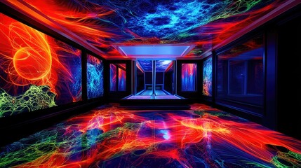 An immersive room with walls, ceiling, and floor adorned with vibrant, abstract fractal patterns resembling nebulae and fiery energy, bathed in intense, multi-c