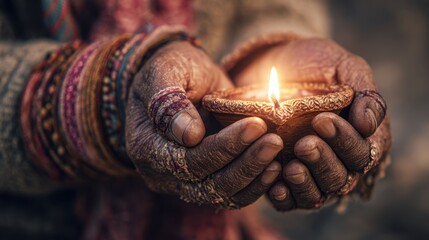Close up of elderly hands holding a small lit clay lamp decorated with colorful threads and bangles