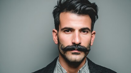 Close up portrait of a man with a prominent mustache and beard looking directly ahead
