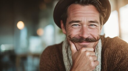 Middle aged man with styled mustache and hat smiling his hand resting on chin