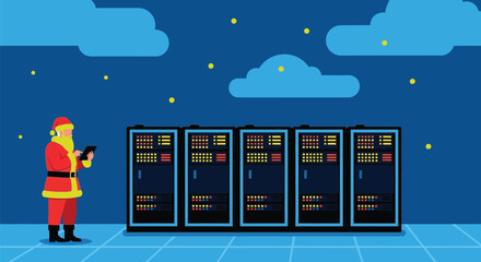 Santa checks server status on tablet Christmas IT support concept