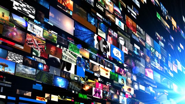 Infinite Wall of Streaming Video Clips with Radiating Light Burst - 4K