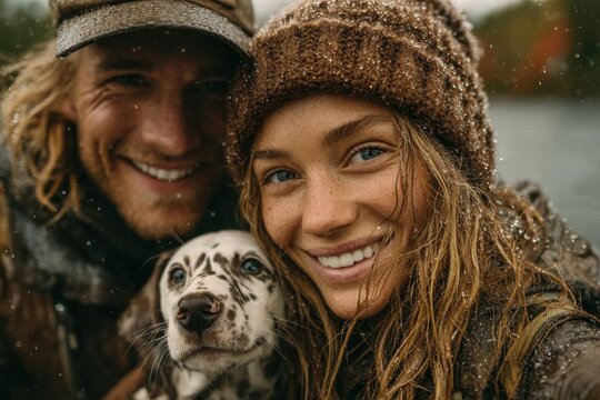 Happy couple camping with their puppy in snowy outdoors, smiling at the camera