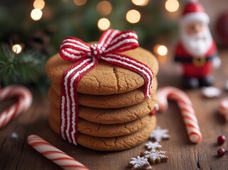 Festive Cookies Stacked With Ribbons and Candy Canes on a Wooden Table During Holiday Season
