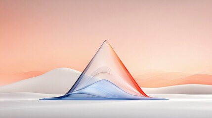 A translucent, triangular abstract shape with flowing blue and red colors sits in a minimalist landscape with soft, rolling hills and a gradient sky.