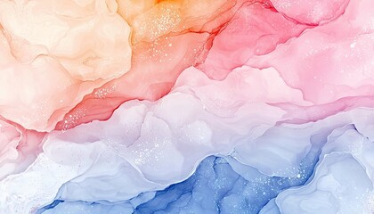 An abstract background created with flowing, translucent layers of paint in shades of pink, orange, and blue, with subtle glitter accents.