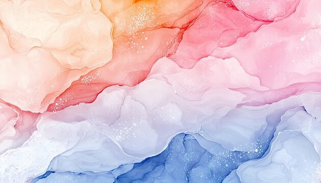 An abstract background created with flowing, translucent layers of paint in shades of pink, orange, and blue, with subtle glitter accents.