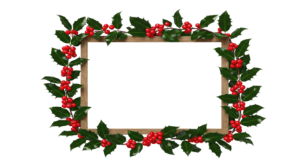 Square Wooden Border with Festive Holly Foliage for Christmas Design Isolated on Transparent PNG Background.