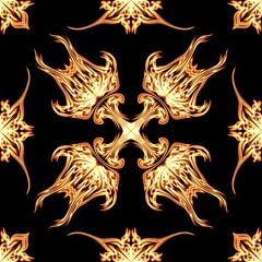 Glowing flame-shaped textile pattern in orange-yellow on black background. Perfect for UV fashion, glowing decor, or cyber-themed design.
