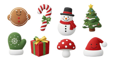 Christmas themed objects including snowman and gingerbread man art on transparent background