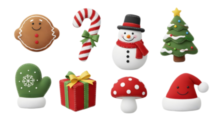 Christmas themed objects including snowman and gingerbread man art on transparent background