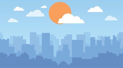 Flat City Skyline Illustration with Sun and Clouds in Blue Tone
