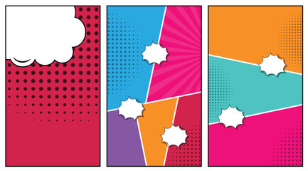 Colorful Comic Pop Art Background Set with Speech Bubbles and Halftone Effects