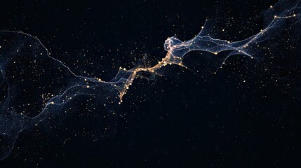 Abstract flowing particles with golden light and bokeh on a dark background, suggesting cosmic or digital energy.
