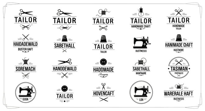 Collection of tailor shop logos with scissors and sewing machine.
