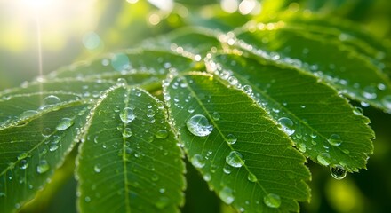Close-up raindrops on fresh green leaves after rain