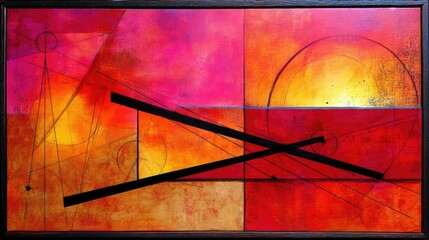 An abstract painting featuring geometric shapes, lines, and a vibrant gradient of warm colors like pink, orange, and yellow, with a textured surface.