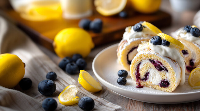 Creative food template. Blueberry fruit, Lemon slice, cream curd tart tartlet pie pastry cheesecake rollup dessert on linen checked cloth serving board. copy text space. Long banner.
- Powered by Adobe