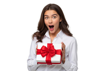 Amazed young woman with open mouth, holding a beautifully wrapped white gift box expressing surprise and excitement, isolated on transparent background, png