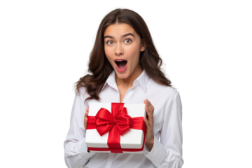 Amazed young woman with open mouth, holding a beautifully wrapped white gift box expressing surprise and excitement, isolated on transparent background, png