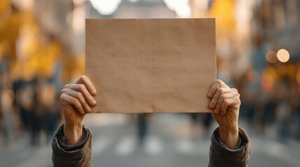 Person holding up a blank cardboard sign in a crowd during a protest or demonstration event