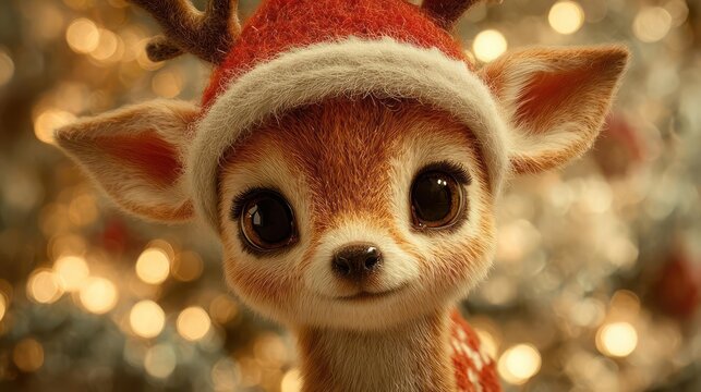 Adorable baby reindeer wearing a festive santa hat with twinkling christmas lights in the background