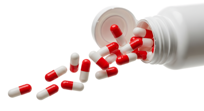 Red and white capsules spilling from a pill bottle isolated on transparent background