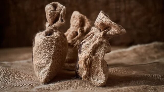 Two burlap coin sacks with drawstrings rest on fabric, their muted glow highlighting texture quietly