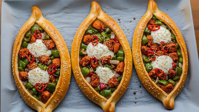 Delicious turkish pide with chicken, green pepper, red chili, and yogurt on a baking sheet