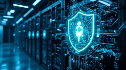 Visual concept of a futuristic server network with shield protection against cyber attacks. 4k video - Powered by Adobe