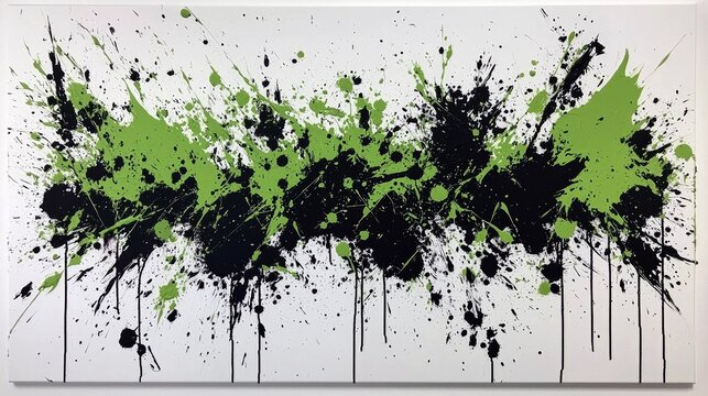 A dynamic abstract painting featuring a chaotic yet controlled explosion of black and vibrant green paint splatters and drips against a clean white background.