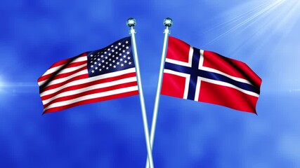 USA and Norway Flag Waving On Pole Loop