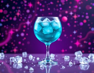 Cosmic Blue Beverage with Glittering Ice and Starry Background