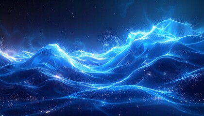 Luminescent waves crest across a cosmic ocean, reflecting starlight in a mesmerizing blue and indigo dreamscape. The scene evokes ethereal energy