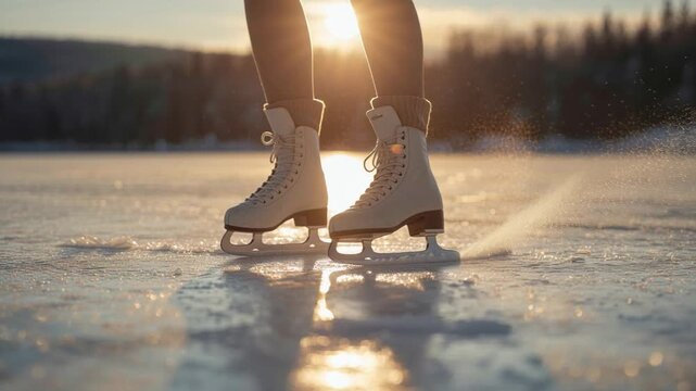 Close-up of a woman's ice skates spinning gracefully on a frozen lake at sunset