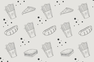 Hand-drawn fast-food doodle pattern featuring fries, hotdogs, sandwiches, and scattered dots on a beige background. Great for menu design, packaging, branding, and fun illustrations.
