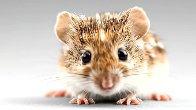 Close up of a cute striped field mouse with big eyes and long whiskers.