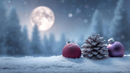 Magical winter forest scene with glowing full moon and festive ornaments on snowy ground