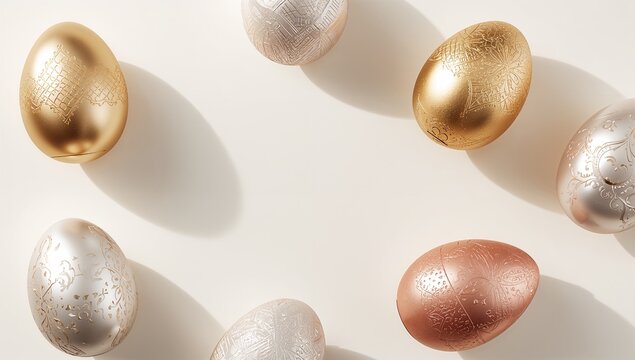 Elegant 3D realistic Easter eggs in gold, rose gold, silver, and pearlescent colors. Minimalist layout, soft shadows, luxury decorative vibe for holiday designs.