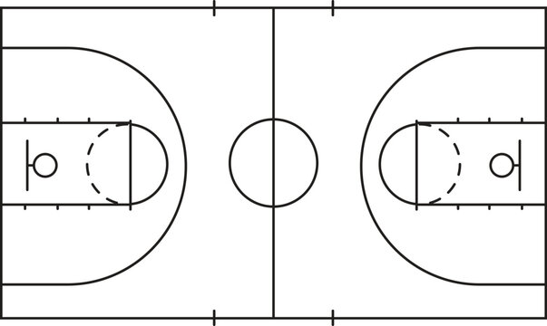 Regulation Basketball Court Diagram Vector Layout: Baseline, Free Throw Line, Three Point Arc, and Key