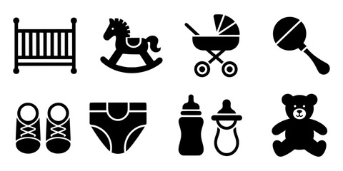Obraz premium Newborn baby care, nursery furniture, and play items set. vector illustration. parenting childcare graphic elements